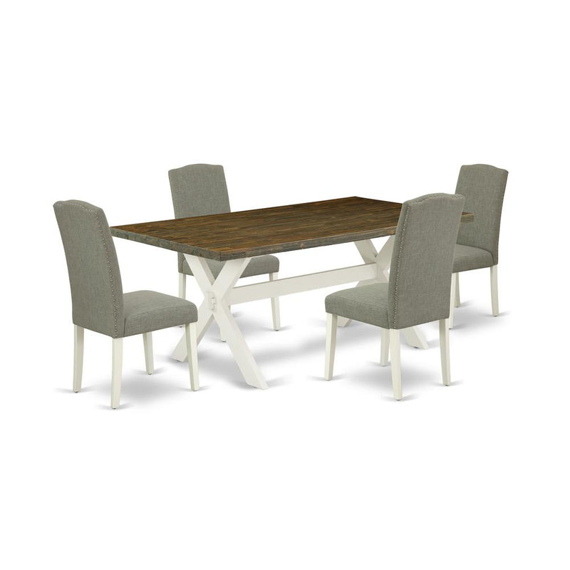 East West Furniture X077EN206-5 5-Piece Modern an Excellent Distressed Jacobean Wood Table Top and 4 Amazing Linen Fabric Kitchen Chairs with Nail Heads and Stylish Chair Back, Linen White Finish