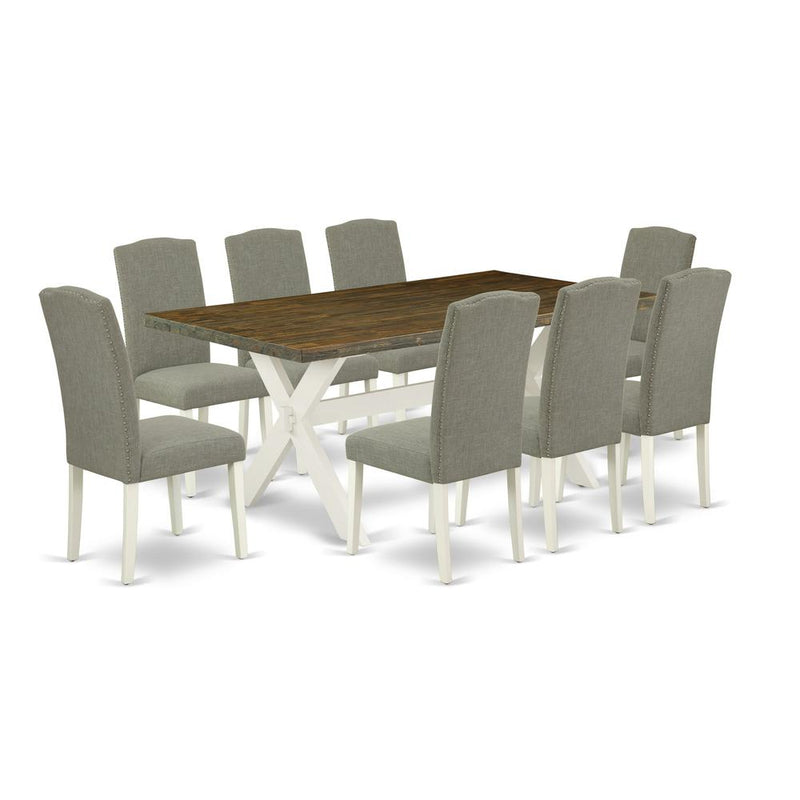 East West Furniture X077EN206-9 9-Piece Stylish Dinette Set a Superb Distressed Jacobean Rectangular Dining Table Top and 8 Excellent Linen Fabric Parson Chairs with Nail Heads and Stylish Chair Back,