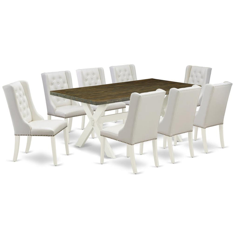 East West Furniture X077FO244-9 9-Pc Dining Room Set Contains 8 White Pu Leather Dining Room Chair Button Tufted with Nail heads and Rectangular Dining Table - Linen White Finish