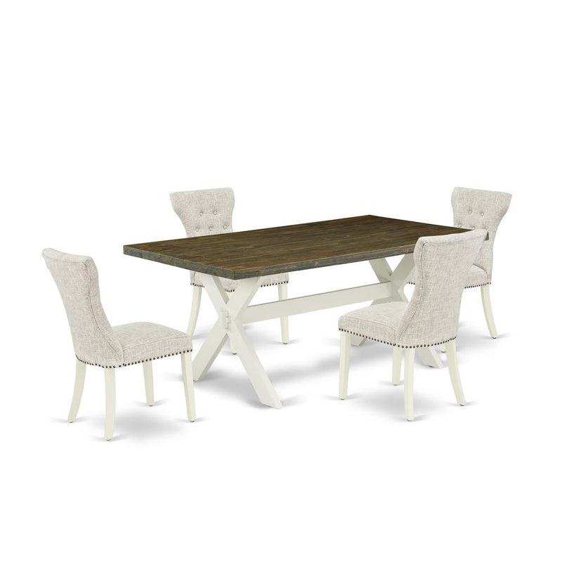 East West Furniture 5-Pc Dining Table Set- 4 Parson Dining Room Chairs with Doeskin Linen Fabric Seat and Button Tufted Chair Back - Rectangular Table Top & Wooden Cross Legs - Distressed Jacobean and