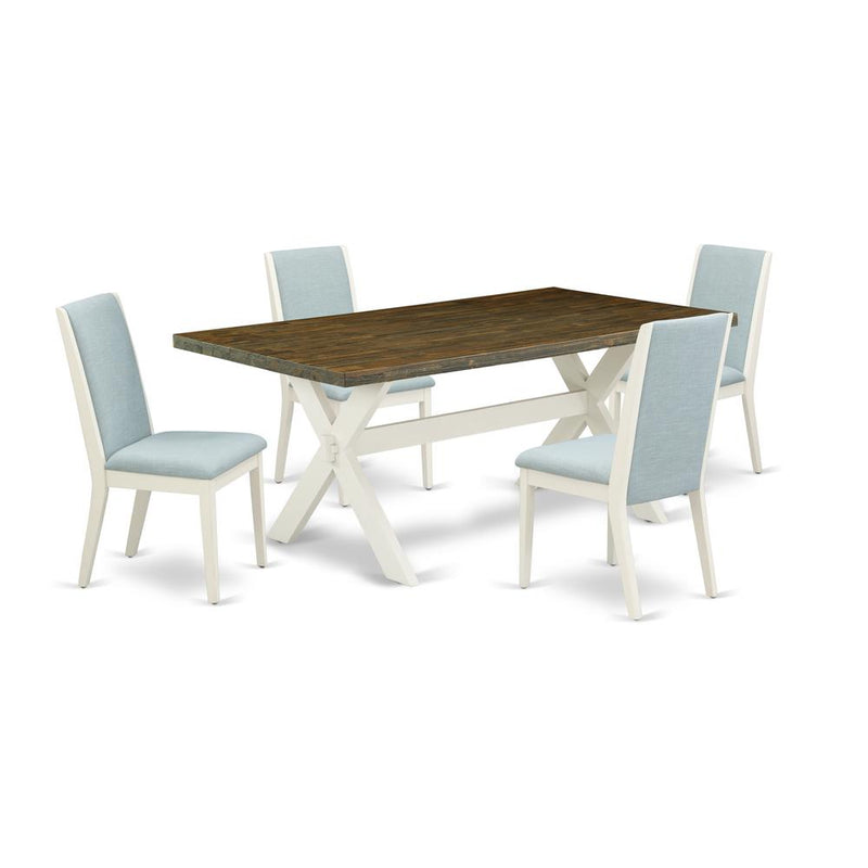 East West Furniture X077LA015-5 5Pc Dining Table set Offers a Dinette Table and 4 Upholstered Dining Chairs with Baby Blue Color Linen Fabric, Medium Size Table with Full Back Chairs, Wirebrushed Line