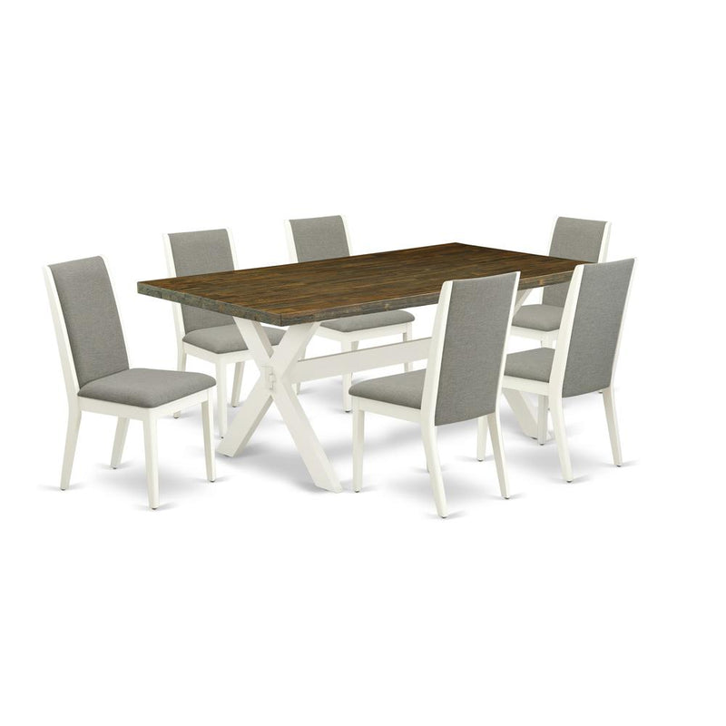 East West Furniture X077LA206-7 7-Piece Gorgeous Dinette Set a Superb Distressed Jacobean Dining Table Top and 6 Lovely Linen Fabric Padded Chairs with Stylish Chair Back, Linen White Finish