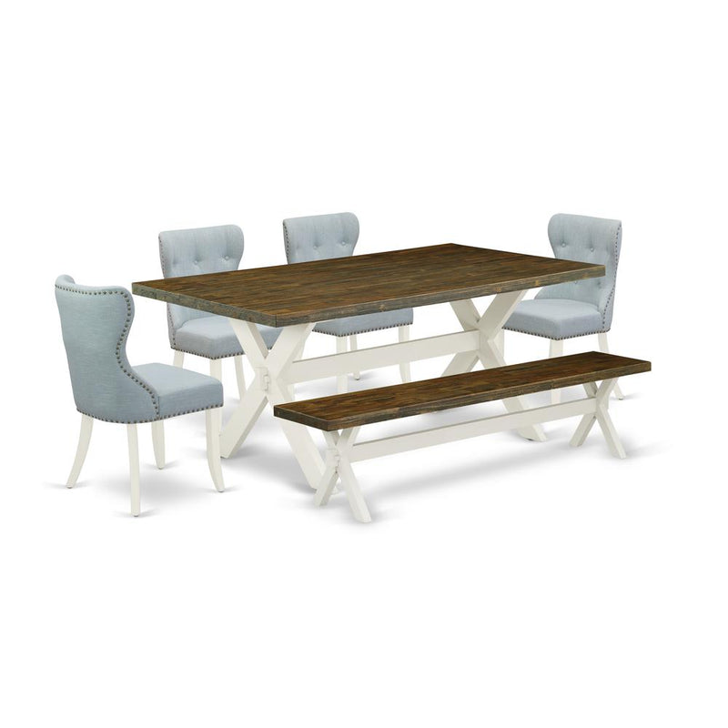 East West Furniture X077SI215-6 6-Pc Kitchen Dining Room Set- 4 Parson Dining Chairs with Baby Blue Linen Fabric Seat and Button Tufted Chair Back - Rectangular Top & Wooden Cross Legs Dining Table an