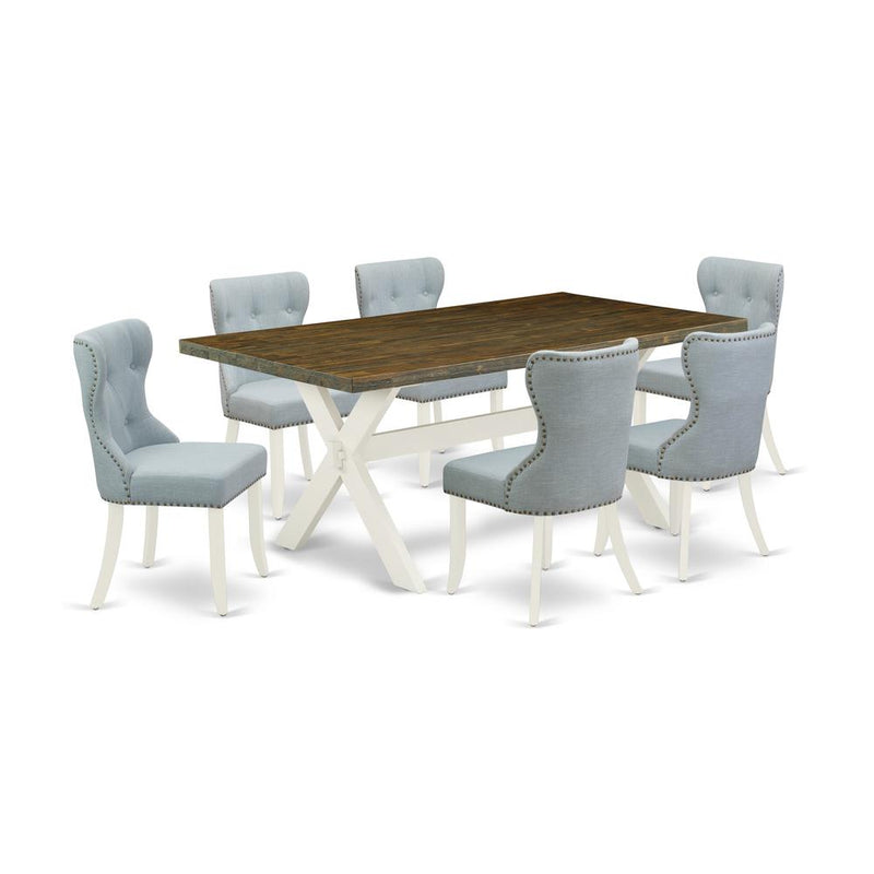 East West Furniture X077SI215-7 7-Pc Dining Room Set- 6 Parson Chairs with Baby Blue Linen Fabric Seat and Button Tufted Chair Back - Rectangular Table Top & Wooden Cross Legs - Distressed Jacobean an