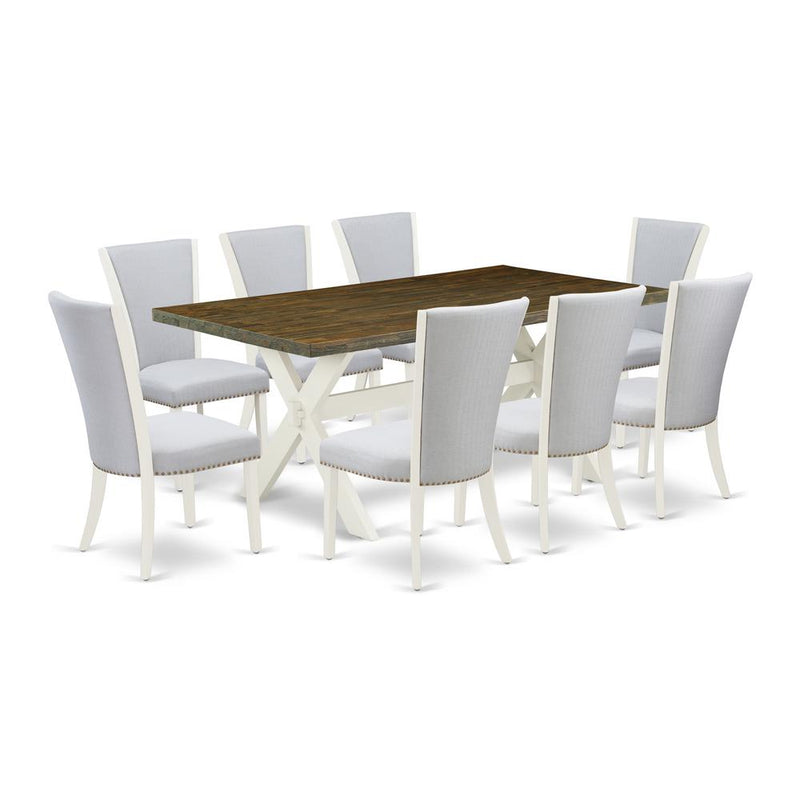 East West Furniture 9-Pc Dining Table Set Consists of 8 Dining Chairs with Upholstered Seat-Rectangular Rectangular Dining Table - Distressed Jacobean and Wirebrushed Linen White Finish