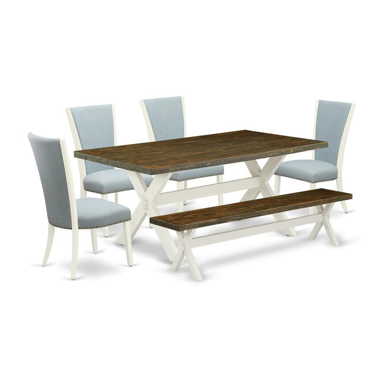 East West Furniture X077VE215-6 6 Piece Kitchen Table Set - 4 Baby Blue Linen Fabric Dining Chair with Nailheads and Distressed Jacobean Rectangular Table - 1 Dining Room Bench - Linen White Finish