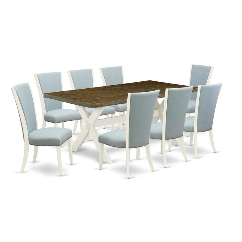 East West Furniture X077VE215-9 9 Piece Mid Century Dining Set - 8 Baby Blue Linen Fabric Upholstered Dining Chair with Nailheads and Distressed Jacobean Wood Dining Table - Linen White Finish