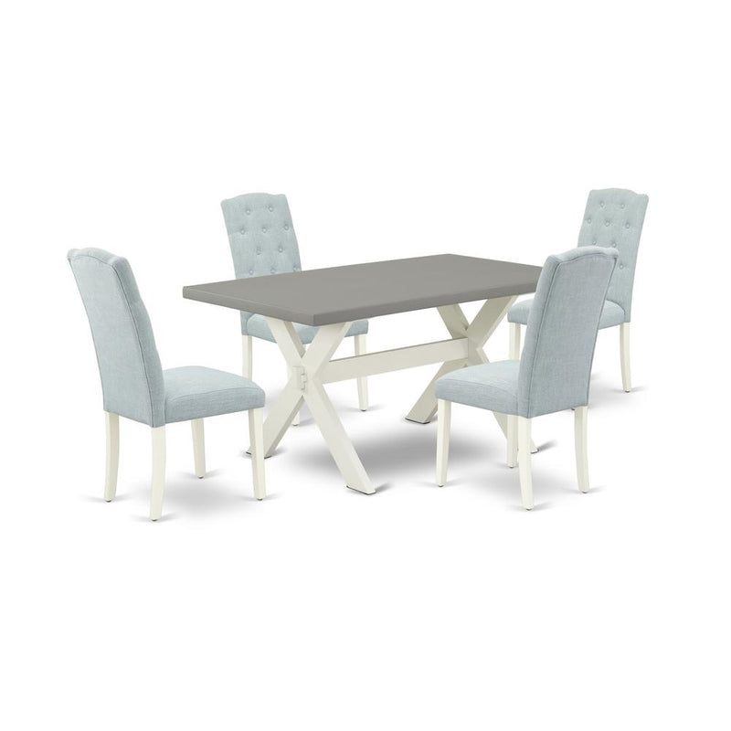 East West Furniture 5-Pc Dining Room Table Set- 4 Upholstered Dining Chairs with Baby Blue Linen Fabric Seat and Button Tufted Chair Back - Rectangular Table Top & Wooden Cross Legs - Cement and Linen