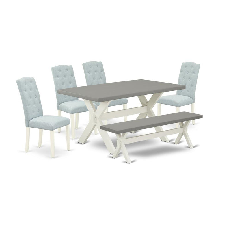 East West Furniture 6-Pc Kitchen Dining Room Set- 4 Dining Room Chairs with Baby Blue Linen Fabric Seat and Button Tufted Chair Back - Rectangular Top & Wooden Cross Legs Wood Kitchen Table and Indoor