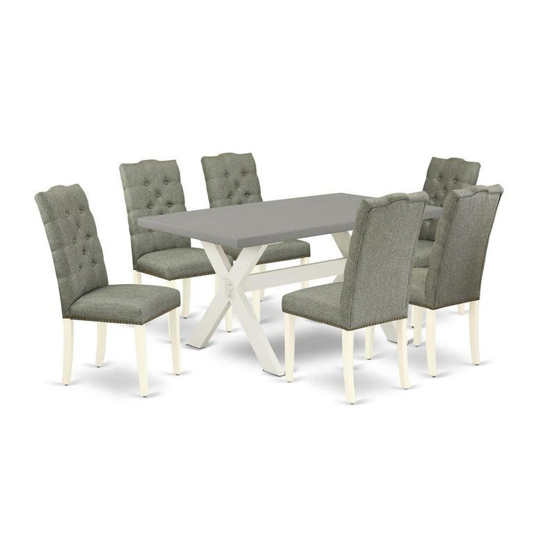 East West Furniture 7-Piece Modern Dining Set- 6 Upholstered Dining Chairs with Smoke Linen Fabric Seat and Button Tufted Chair Back - Rectangular Table Top & Wooden Cross Legs - Cement and Linen Whit