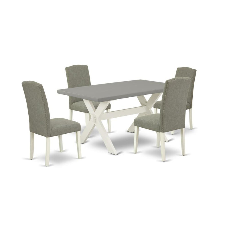 East West Furniture 5-Piece Modern Rectangular Table Set a Good Cement Color Kitchen Table Top and 4 Lovely Linen Fabric Padded Chairs with Nail Heads and Stylish Chair Back, Linen White Finish