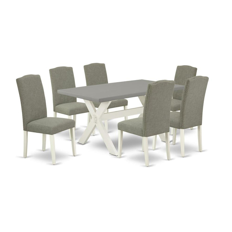 East West Furniture 7-Piece Stylish a Good Cement Color rectangular Table Top and 6 Excellent Linen Fabric Parson Dining Room Chairs with Nail Heads and Stylish Chair Back, Linen White Finish