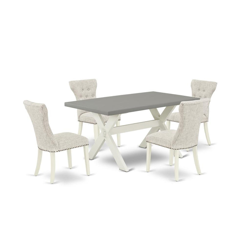 East West Furniture 5-Pc Dining Table Set- 4 Dining Padded Chairs with Doeskin Linen Fabric Seat and Button Tufted Chair Back - Rectangular Table Top & Wooden Cross Legs - Cement and Linen White Finis