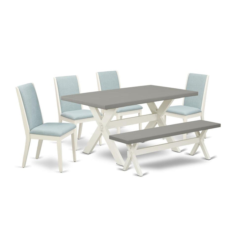 East West Furniture X096LA015-6 6Pc Wood Dining Table Set Includes a Dining Room Table, 4 Parson Chairs with Baby Blue Color Linen Fabric and a Bench, Medium Size Table with Full Back Chairs, Wirebrus