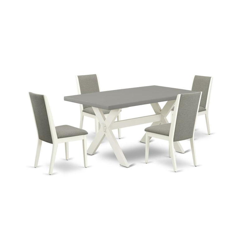 East West Furniture X096LA206-5 5-Piece Amazing Dining Room Table Set a Great Cement Color Wood Table Top and 4 Lovely Linen Fabric Dining Chairs with Stylish Chair Back, Linen White Finish