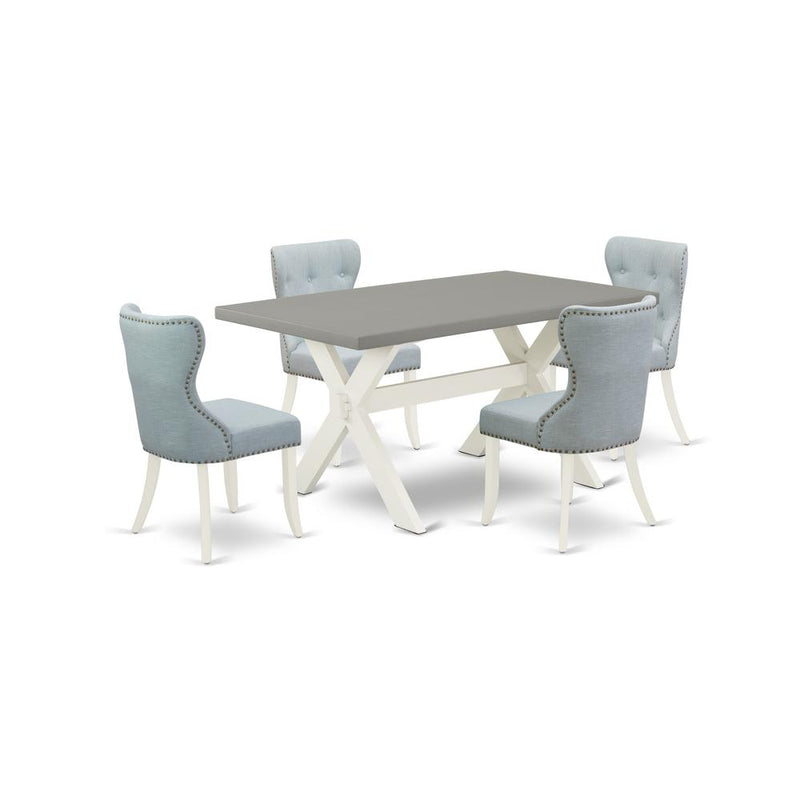 East West Furniture X096SI215-5 5-Pc Kitchen Dining Room Set- 4 Parson Dining Room Chairs with Baby Blue Linen Fabric Seat and Button Tufted Chair Back - Rectangular Table Top & Wooden Cross Legs - Ce