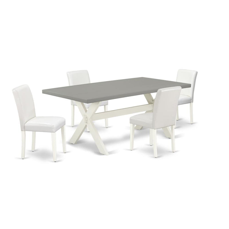 East West Furniture X097AB264-5 5-Piece Stylish Dining Room Table Set an Excellent Cement Color Dining Room Table Top and 4 Lovely Pu Leather Kitchen Parson Chairs with Stylish Chair Back, Linen White