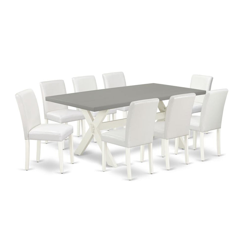 East West Furniture X097AB264-9 9-Piece Awesome Dining Set a Great Cement Color Kitchen Table Top and 8 Lovely Pu Leather Solid Wood Leg Chairs with Stylish Chair Back, Linen White Finish