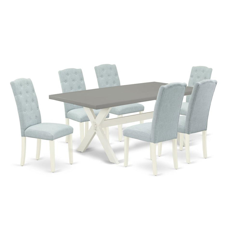 East West Furniture 7-Piece Kitchen Dining Room Set- 6 Parson Chairs with Baby Blue Linen Fabric Seat and Button Tufted Chair Back - Rectangular Table Top & Wooden Cross Legs - Cement and Linen White