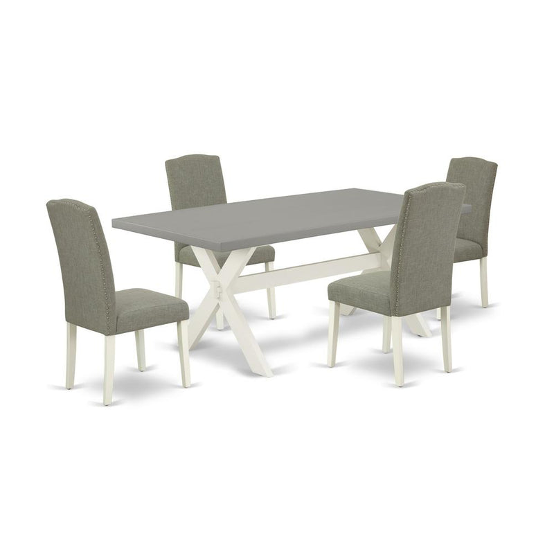 East West Furniture 5-Piece Modern Dining Table Set an Excellent Cement Color rectangular Table Top and 4 Excellent Linen Fabric Dining Chairs with Nail Heads and Stylish Chair Back, Linen White Finis