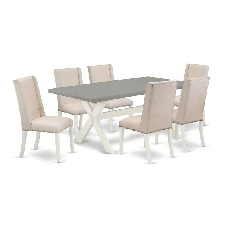 East West Furniture X097FL201-7 7-Piece Fashionable Modern Dining Table Set a Great Cement Color rectangular Table Top and 6 Excellent Linen Fabric Dining Chairs with Nail Heads and Stylish Chair Back