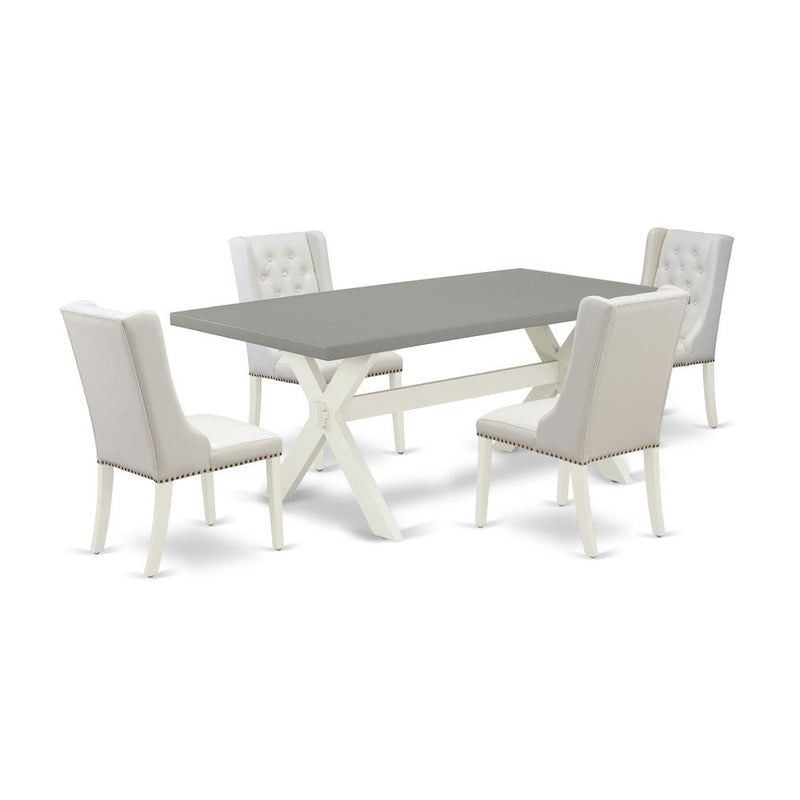 East West Furniture X097FO244-5 5-Pc Kitchen Table Set Includes 4 White Pu Leather Dining Chairs Button Tufted with Nail Heads and Rectangular Dining Table - Linen White Finish