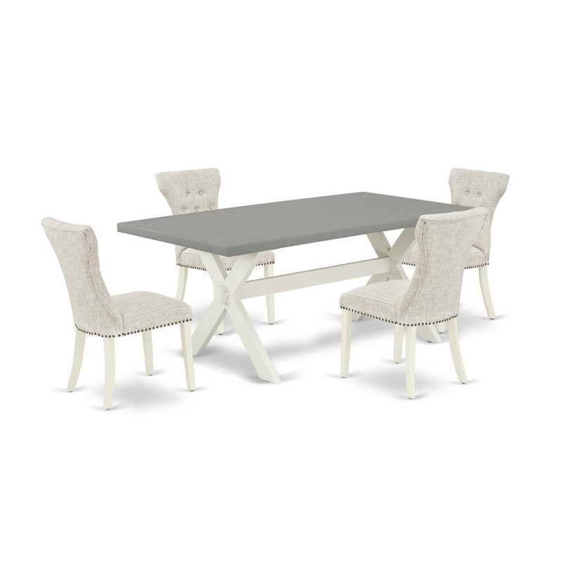 East West Furniture 5-Piece Dinette Set- 4 Parson Dining Chairs with Doeskin Linen Fabric Seat and Button Tufted Chair Back - Rectangular Table Top & Wooden Cross Legs - Cement and Linen White Finish