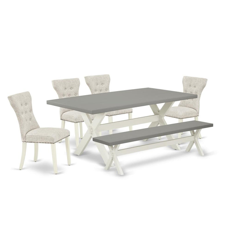 East West Furniture 6-Pc Dinette Set- 4 Kitchen Parson Chairs with Doeskin Linen Fabric Seat and Button Tufted Chair Back - Rectangular Top & Wooden Cross Legs Dinette Table and Kitchen Bench - Cement