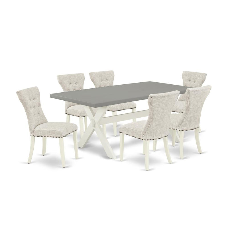 East West Furniture 7-Piece Kitchen Dining Set- 6 Dining Padded Chairs with Doeskin Linen Fabric Seat and Button Tufted Chair Back - Rectangular Table Top & Wooden Cross Legs - Cement and Linen White