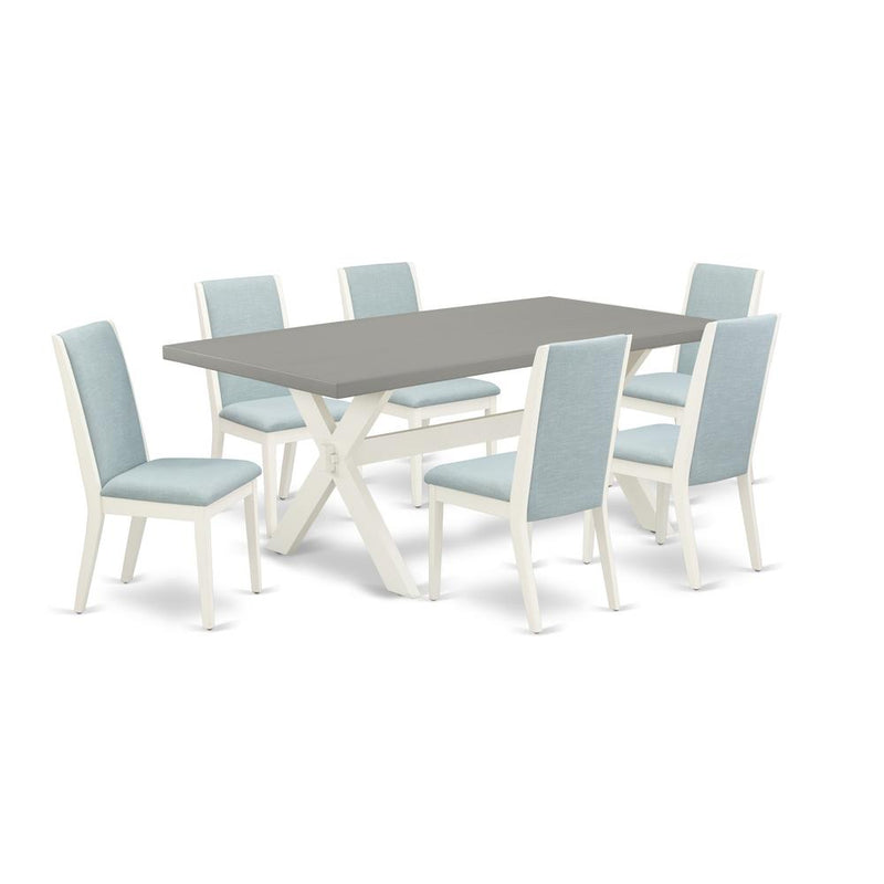 East West Furniture X097LA015-7 7-Piece Modern kitchen table set a Superb Cement Color rectangular Table Top and 6 Awesome Linen Fabric Dining Chairs with Stylish Chair Back, Linen White Finish