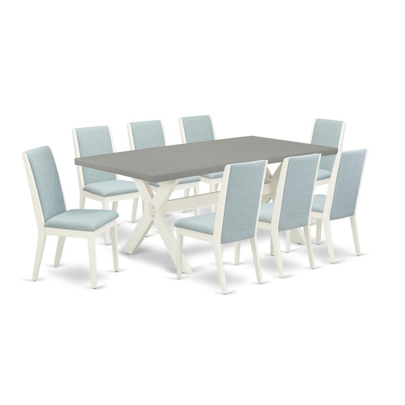 East West Furniture X097LA015-9 9-Piece Beautiful Dining Table Set a Superb Cement Color Kitchen Rectangular Table Top and 8 Stunning Linen Fabric Padded Parson Chairs with Stylish Chair Back, Linen W