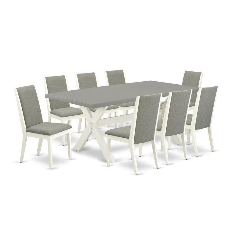 East West Furniture X097LA206-9 9-Piece Fashionable a Good Cement Color Modern Dining Table Top and 8 Gorgeous Linen Fabric Parson Dining Chairs with Stylish Chair Back, Linen White Finish