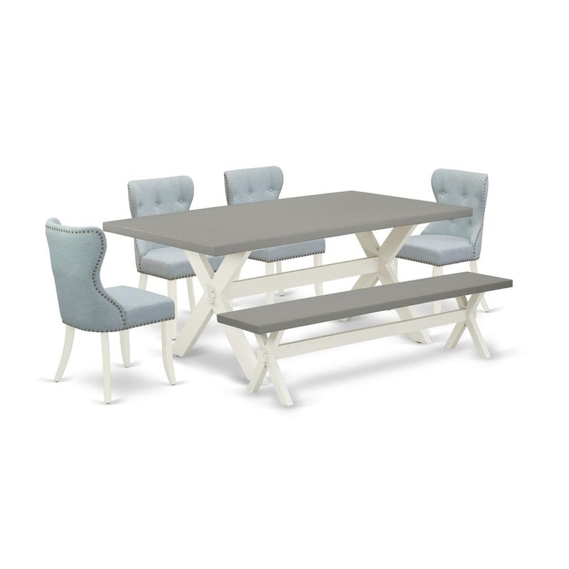 East West Furniture X097SI215-6 6-Piece Dining Table Set- 4 Dining Room Chairs with Baby Blue Linen Fabric Seat and Button Tufted Chair Back - Rectangular Top & Wooden Cross Legs Dining Room Table and