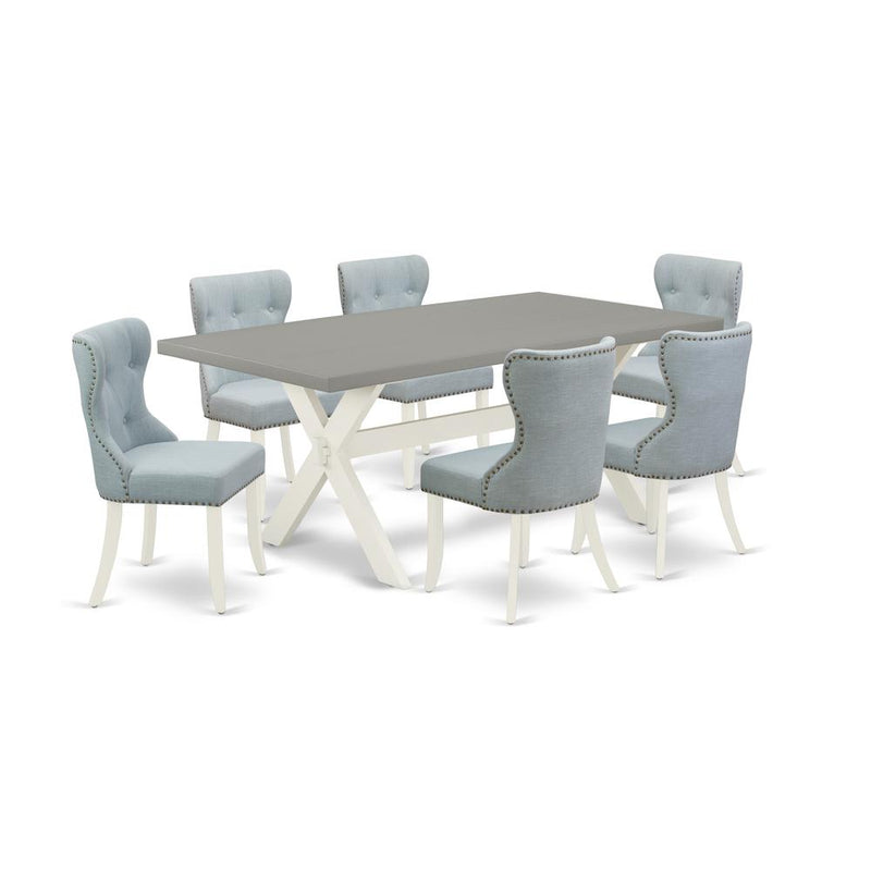 East West Furniture X097SI215-7 7-Piece Dining Room Table Set- 6 Upholstered Dining Chairs with Baby Blue Linen Fabric Seat and Button Tufted Chair Back - Rectangular Table Top & Wooden Cross Legs - C