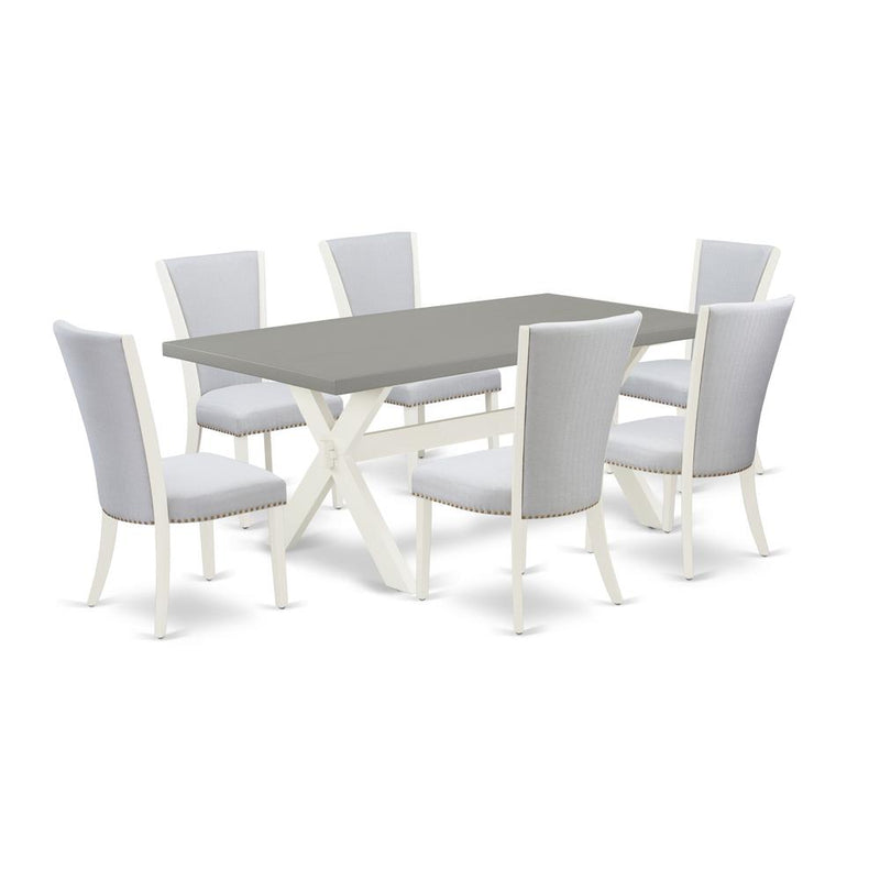 East West Furniture 7-Pc Dining Room Set Includes 6 Upholstered Dining Chairs with Upholstered Seat and Stylish Back-Rectangular Kitchen Table - Cement and Wirebrushed Linen White Finish