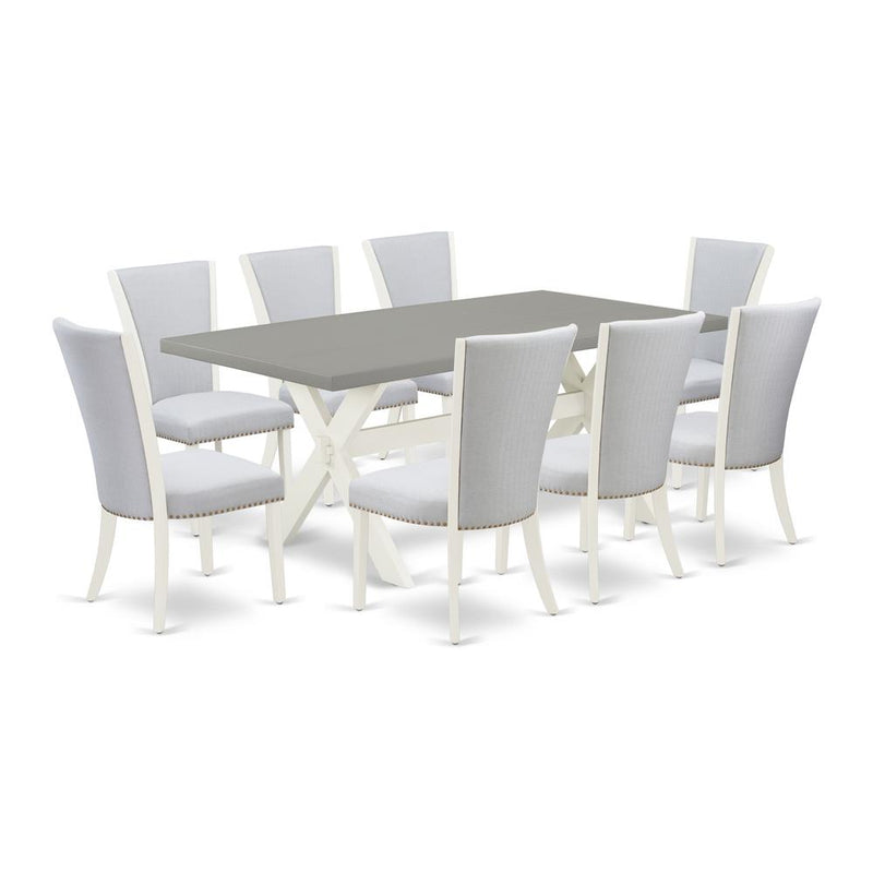 East West Furniture 9-Piece Dining Room Set Includes 8 Mid Century Dining Chairs with Upholstered Seat and Stylish Back-Rectangular Dining Room Table - Cement and Wirebrushed Linen White Finish