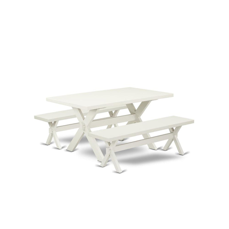 East West Furniture X2-026 3 Piece Kitchen Dining Table Set - 1 Linen White Wood Table and 2 Wood Benches - Stable and Sturdy Constructed - Linen White Finish