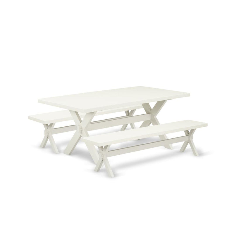 East West Furniture X2-027 3 Piece Dinette Set - 1 Linen White Dining Room Table and 2 Dining Table Bench - Reliable and Sturdy Construction - Linen White Finish