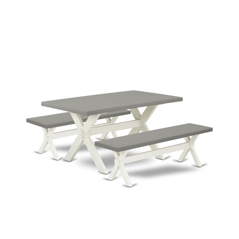 East West Furniture X2-096 3 Piece Kitchen Set - 1 Cement Modern Dining Table and 2 Mid Century Modern Bench - Stable and Sturdy Constructed - Linen White Finish