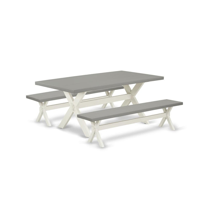 East West Furniture X2-097 3 Piece Table Set - 1 Cement Dining Room Table and 2 Bench for Dining Room Table - Stable and Sturdy Construction - Linen White Finish