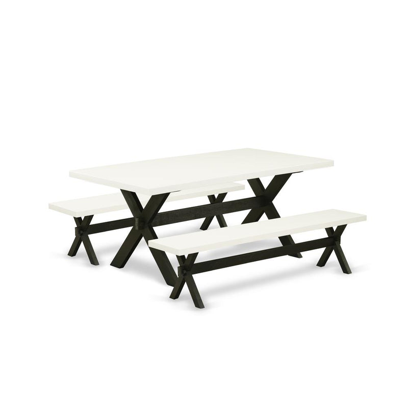 East West Furniture X2-627 3 Piece Kitchen Dining Table Set - 1 Linen White Breakfast Table and 2 Small Wood Benches - Stable and Sturdy Construction - Wire Brushed Black Finish