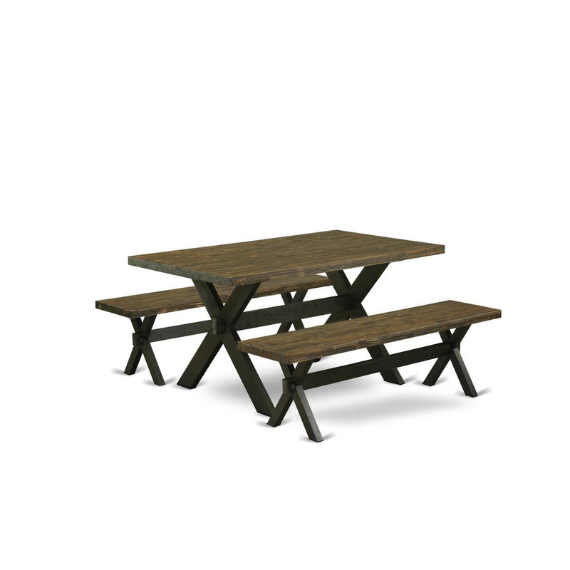 East West Furniture X2-676 3 Piece Kitchen Dining Table Set - 1 Distressed Jacobean Small Dining Table and 2 Mid Century Bench - Wire Brushed Black Finish