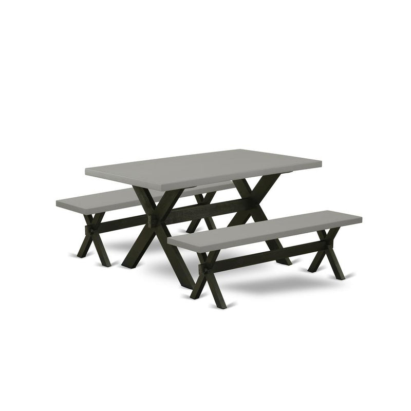 East West Furniture X2-696 3 Piece Dining Set - 1 Cement Dining Room Table and 2 Table Bench - Stable and Durable Construction - Wire Brushed Black Finish