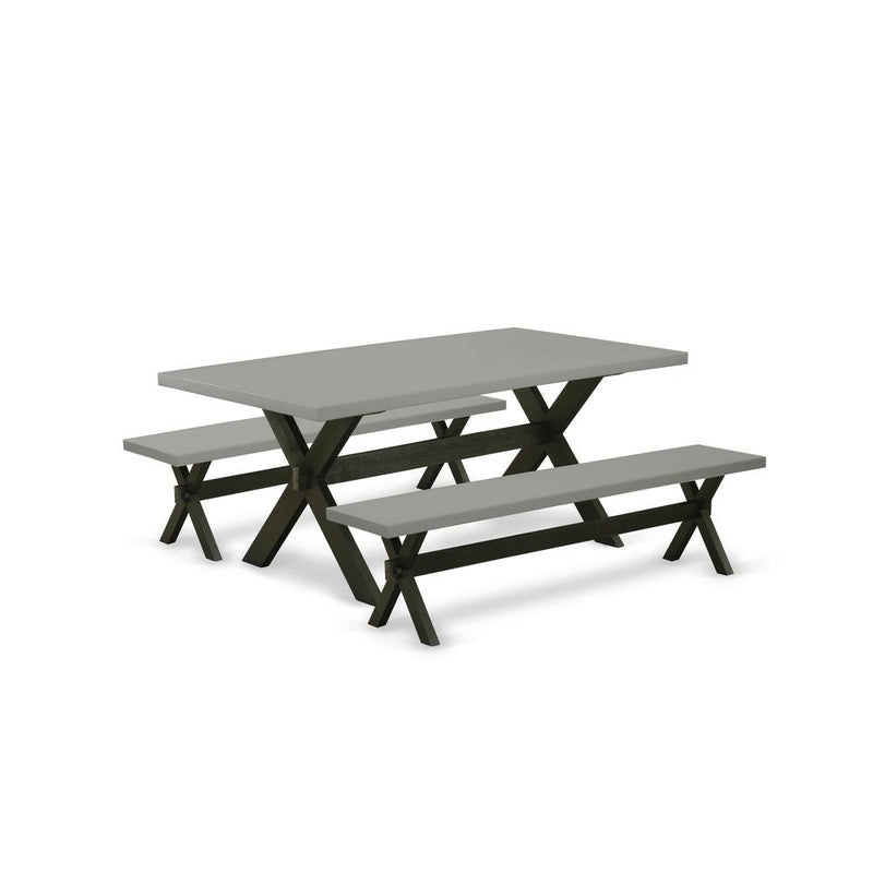 East West Furniture X2-697 3 Pc Small Dining Table Set for 4 - A Cement Dining Room Table with 2 Modern Benches - Stable and Durable Construction - Wire Brushed Black Finish