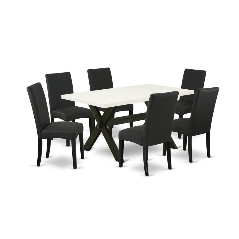 East West Furniture X626DR124-7 7-Piece Dining Room Table Set- 6 Dining Chair with Black Linen Fabric Seat and Stylish Chair Back - Rectangular Table Top & Wooden Cross Legs - Linen White and Black Fi