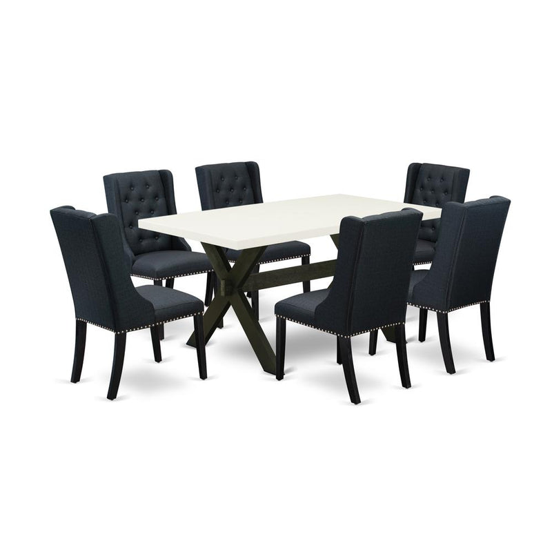 East West Furniture X626FO624-7 7 Pc Dining Set - 6 Black Linen Fabric Parsons Chair Button Tufted with Nail heads and Linen White Rectangular Dining Table - Wire Brush Black Finish