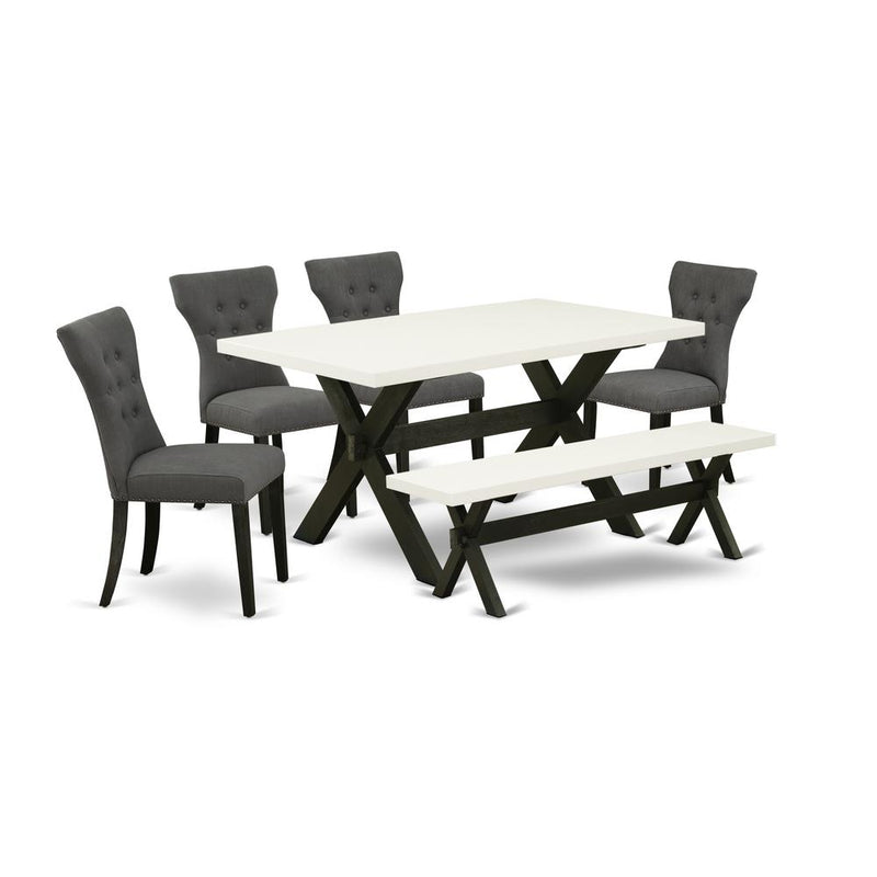 East West Furniture 6-Pc Dining room Table Set-Dark Gotham Grey Linen Fabric Seat and Button Tufted Chair Back Kitchen chairs, A Rectangular Bench and Rectangular Top Wood Kitchen Table with Wooden Le