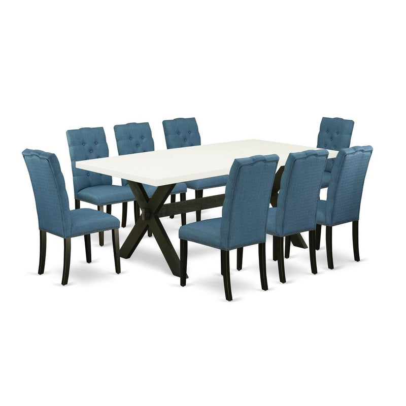 East West Furniture X627EL121-9 9-Piece Amazing Dining Set a Superb Cement Color Wood Dining Table Top and 8 Beautiful Solid Wood Legs and Linen Fabric Seat Parson Chairs with Nail Heads and Button Tu