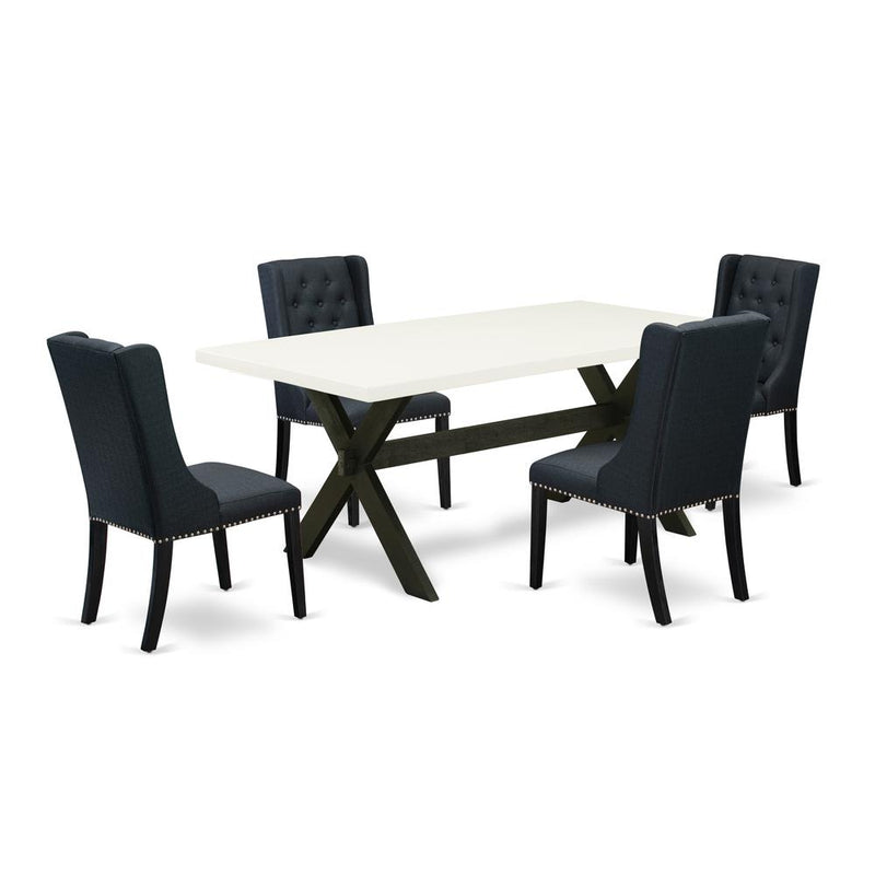 East West Furniture X627FO624-5 - 5 Piece Dining Room Set Includes 4 Black Linen Fabric Padded Chair with Button Tufted and Linen White Dining Room Table - Wire Brush Black Finish