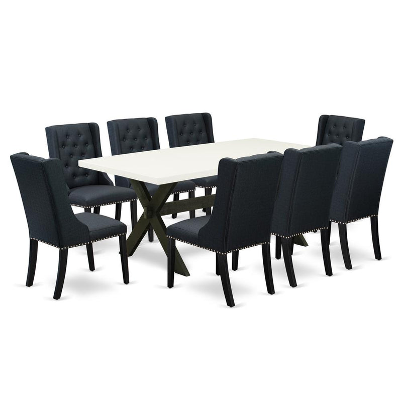 East West Furniture X627FO624-9 9 Piece Dining Set - 8 Black Linen Fabric Dining Chair Button Tufted with Nail heads and Linen White Mid Century Dining Table - Wire Brush Black Finish